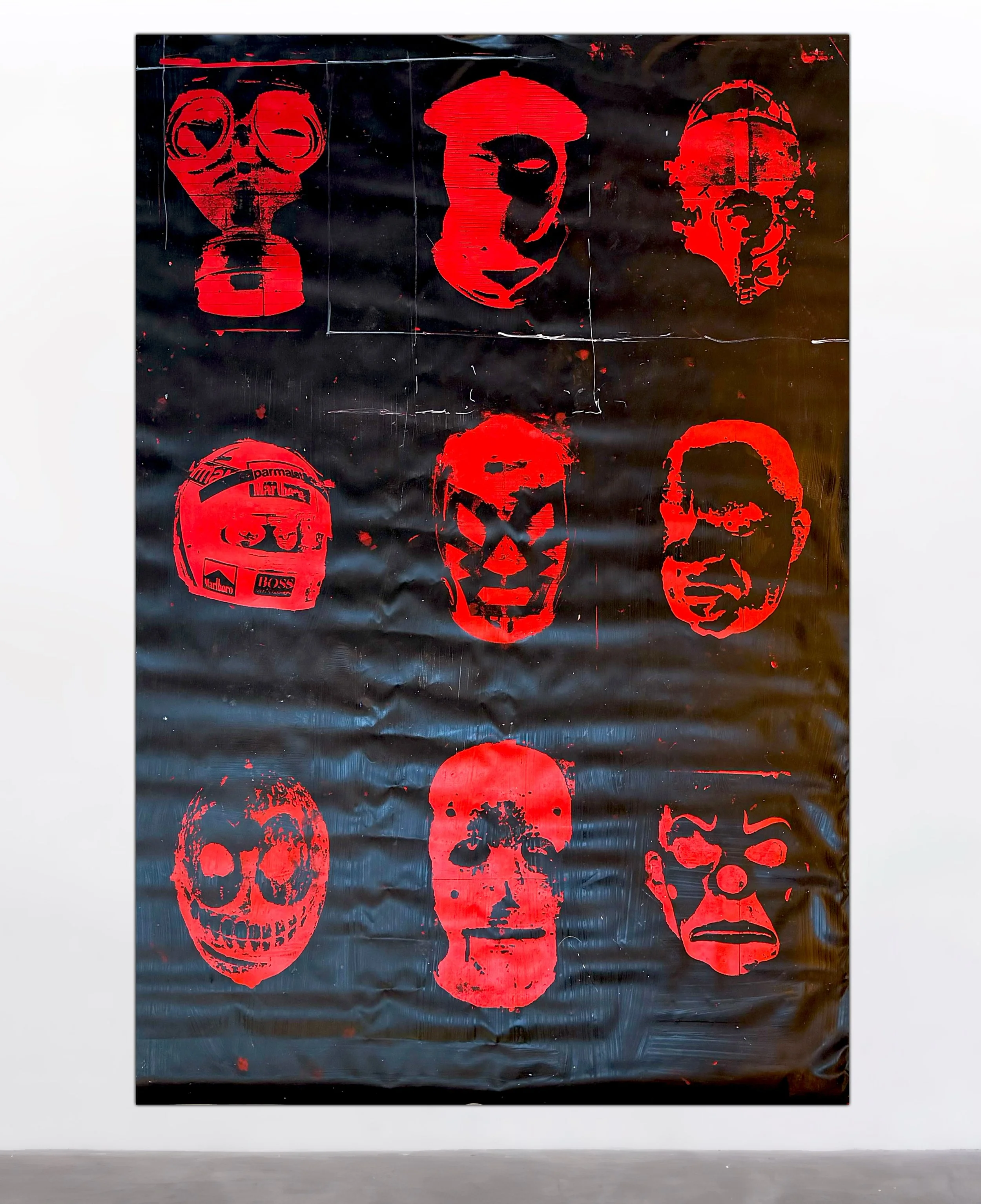 Theatre of Ritual, Philip Alexander and Julio Alvarez, 2025, Water-based silkscreen ink, acrylic paint, on vinyl canvas — 150 x 225 centimeters
