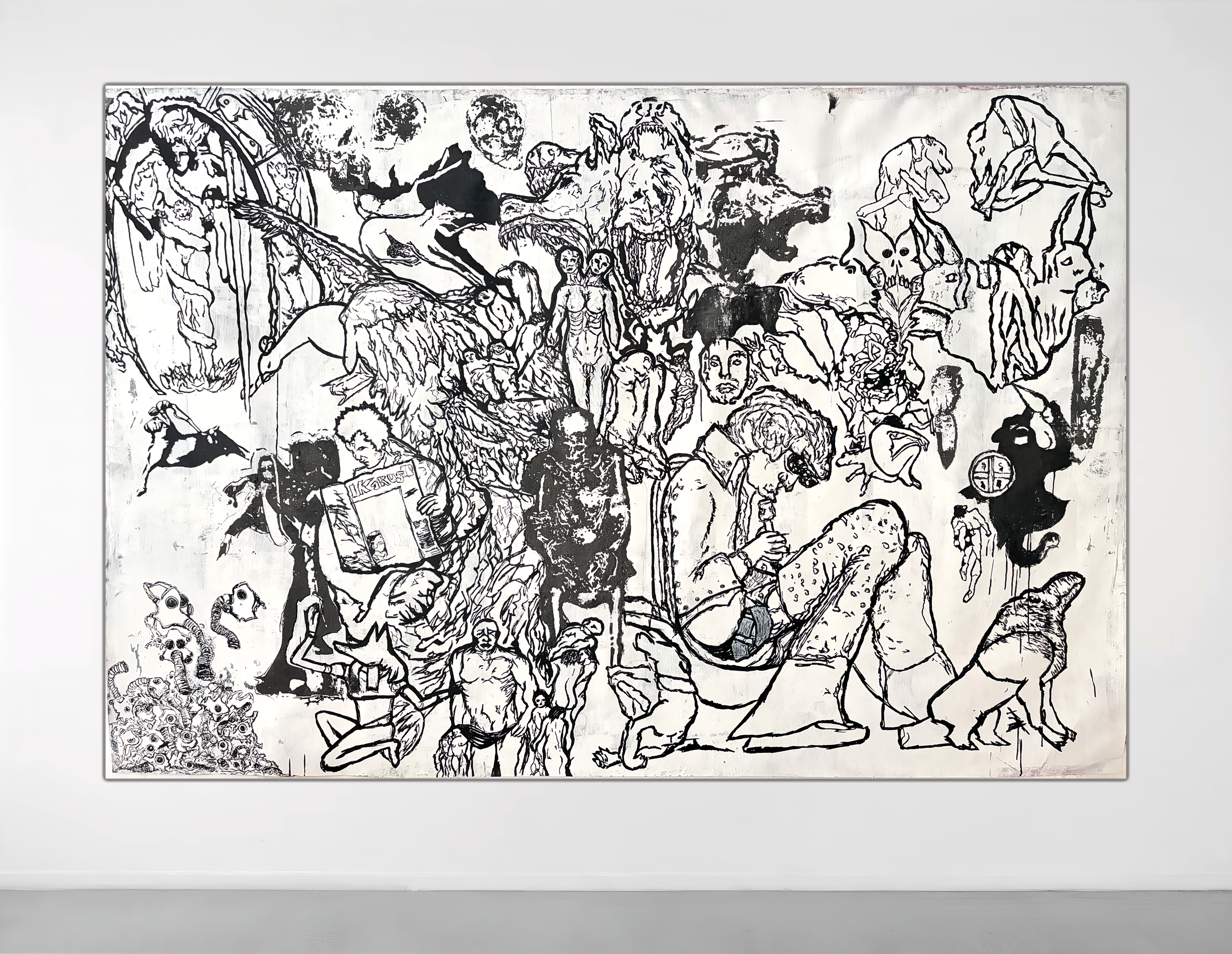 THRESHOLDS & IMMORTAL IMAGES, Philip Alexander and Julio Alvarez, 2026, Acrylic paint, Plastic-based Silk screen ink on vinyl canvas — 225 x 150 centimetres