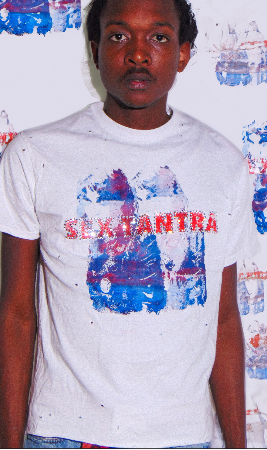 Swarovski crystal DTF application and screen printed by hand.