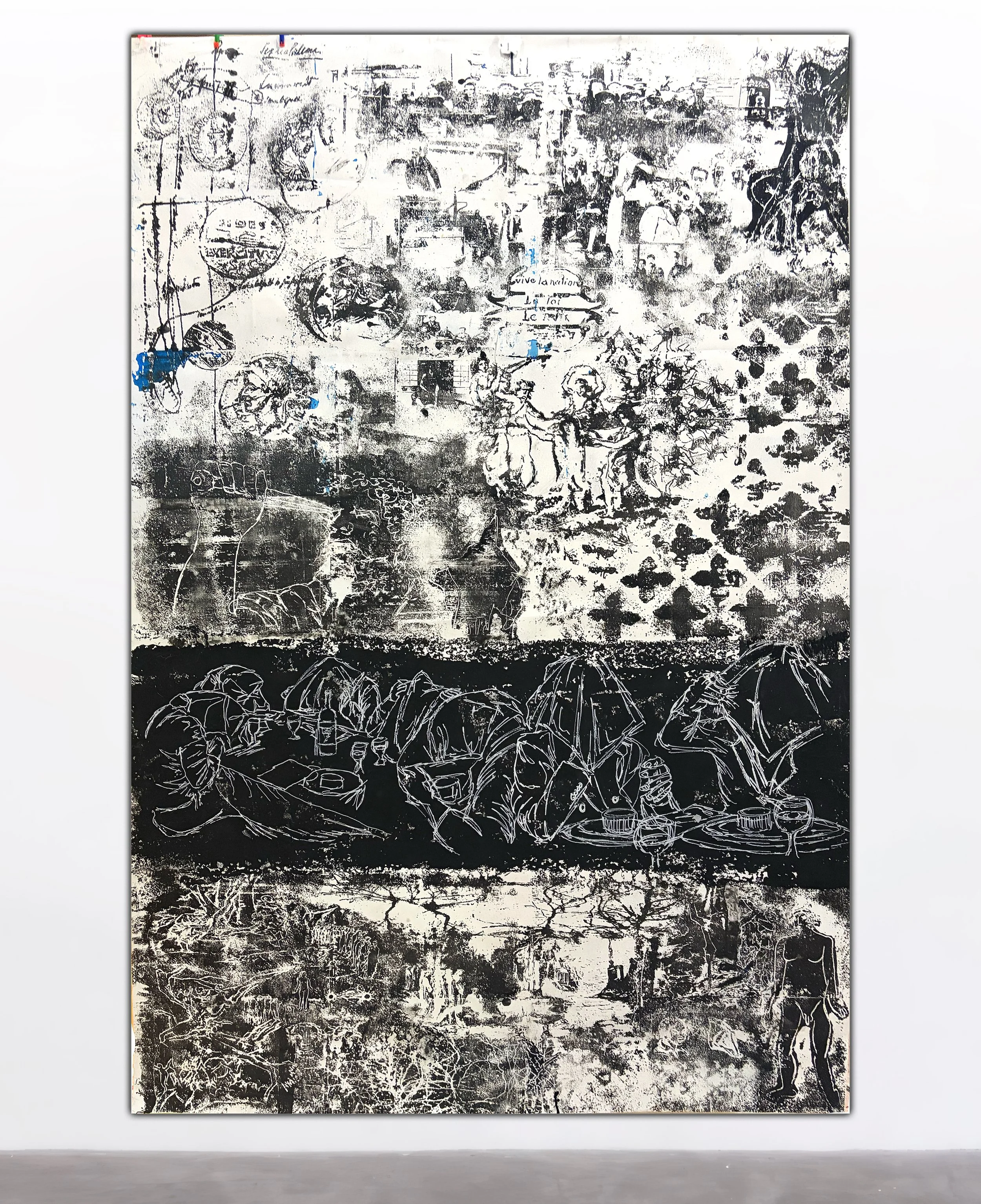 Suppression, Philip Alexander and Julio Alvarez, 2026, Water-based silkscreen ink, acrylic paint, photo-emulsion on vinyl canvas — 150 x 225 centimeters