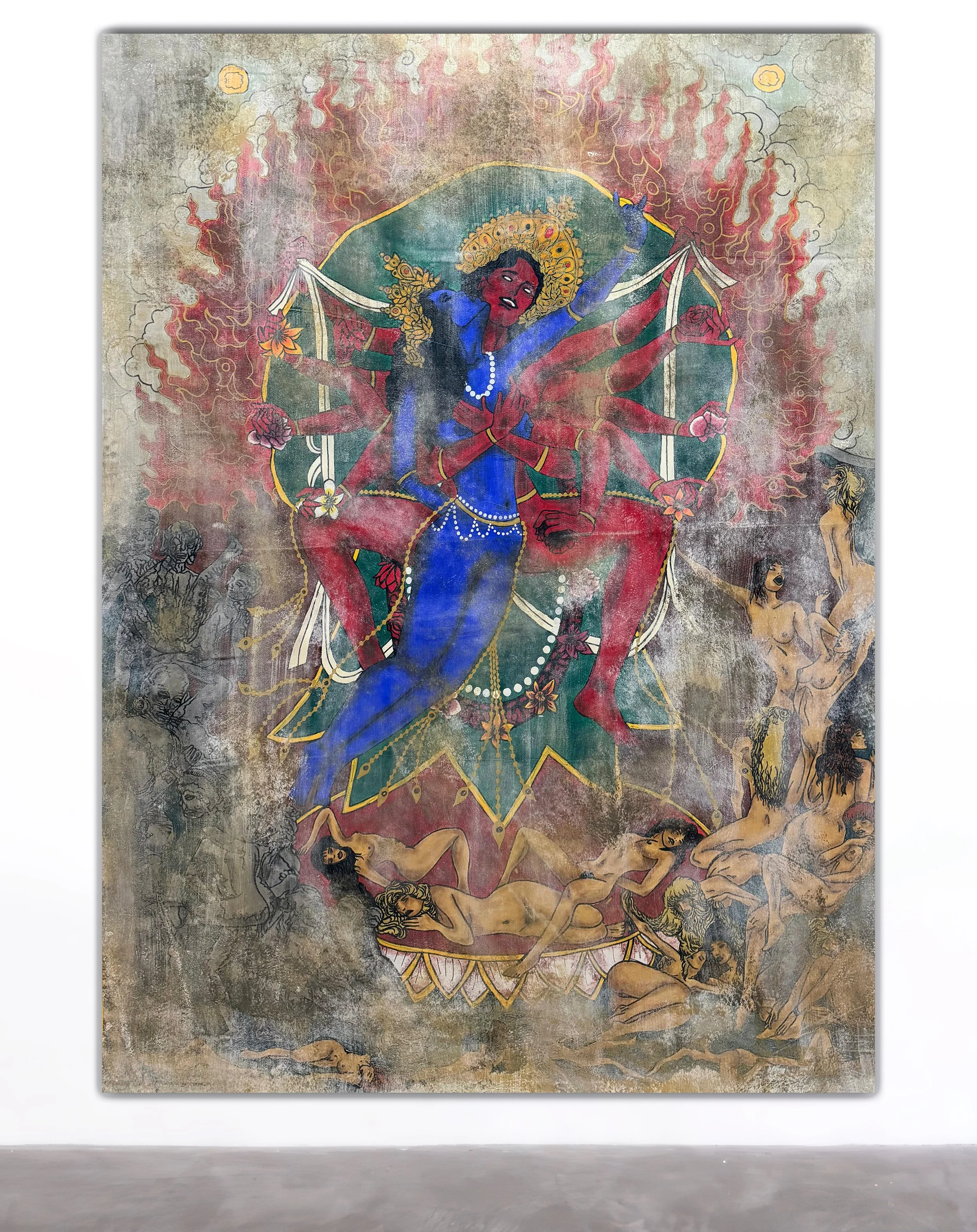 SACRED COMMODITY, Philip Alexander and Julio Alvarez, 2026, Acrylic paint on vinyl canvas — 150 x 225 centimetres