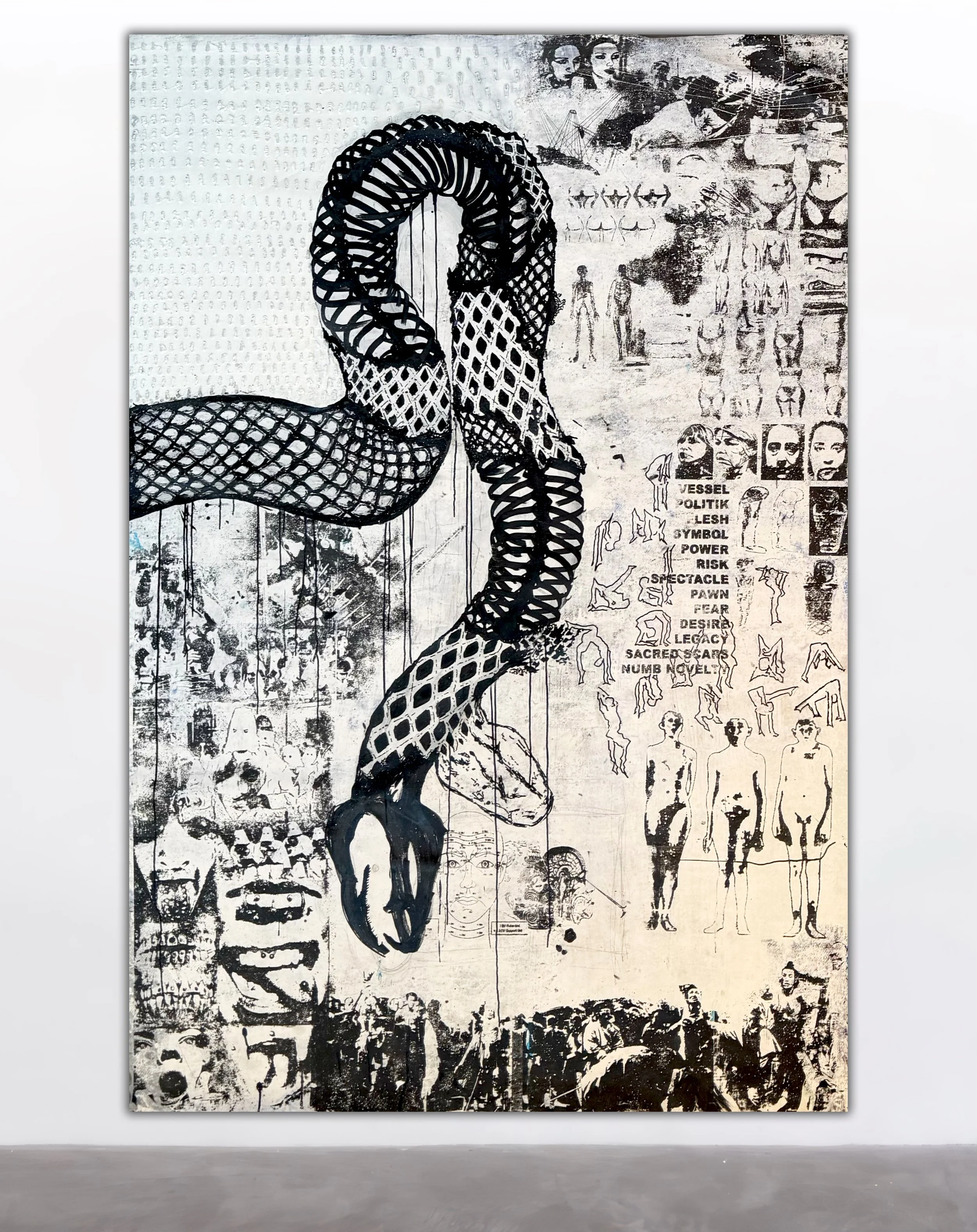 TRANSCENDENT EROTIKA (chemsex), Philip Alexander and Julio Alvarez, 2026, Water-based silkscreen ink, plastic-based ink, acrylic paint, epoxy resin, collage paper on vinyl canvas — 150 x 225 centimeters