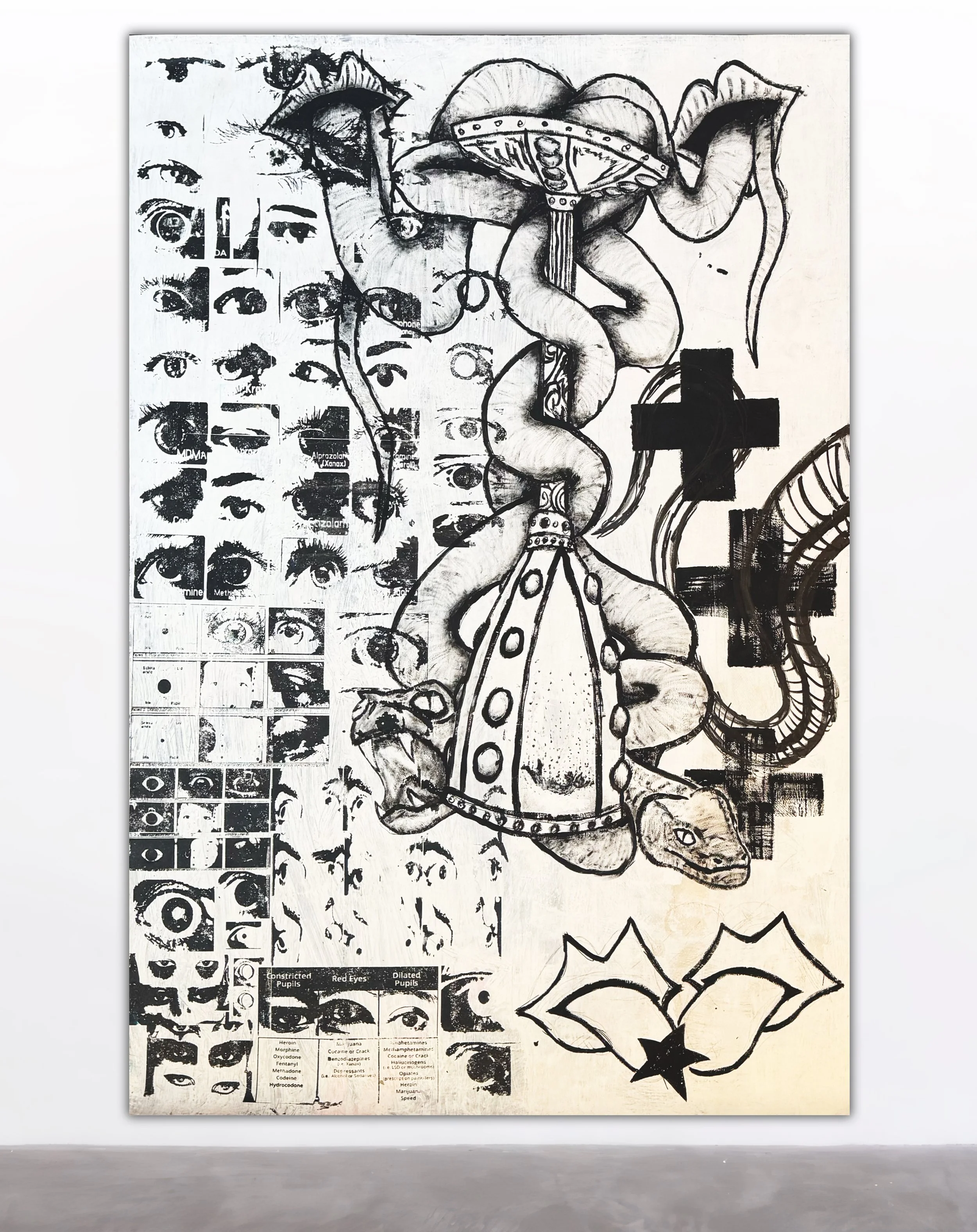 TRANSCENDENT EROTIKA (bodymods), Philip Alexander and Julio Alvarez, 2026, Water-based silkscreen ink, plastic-based ink, acrylic paint on vinyl canvas — 150 x 225 centimeters
