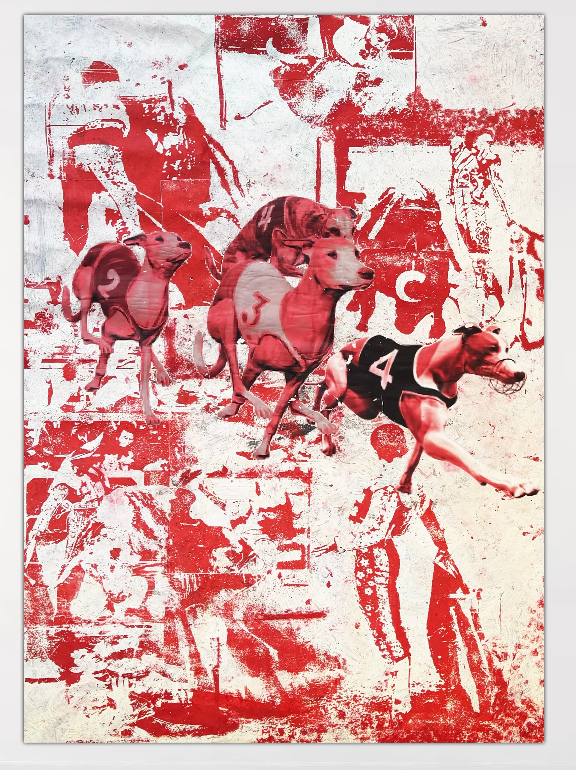 CANI VIRTUALI & MATADORI, Philip Alexander and Julio Alvarez, 2025, Plastic-based silkscreen ink, collage, acrylic paint on vinyl canvas — 150 x 225 centimeters