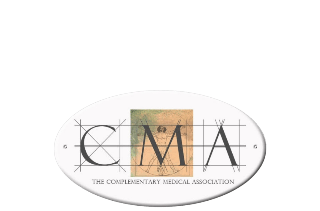 Logo for the Complementary Medical Association featuring a depiction of Leonardo da Vinci's Vitruvian Man and the letters C, M, and A.