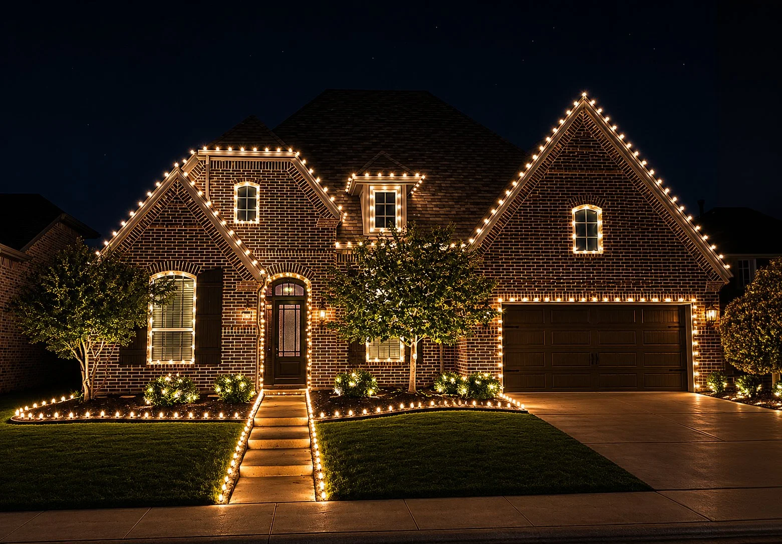 Brick house decorated with string lights outlining the roof, windows, and garage at night, with a landscaped yard and trees.