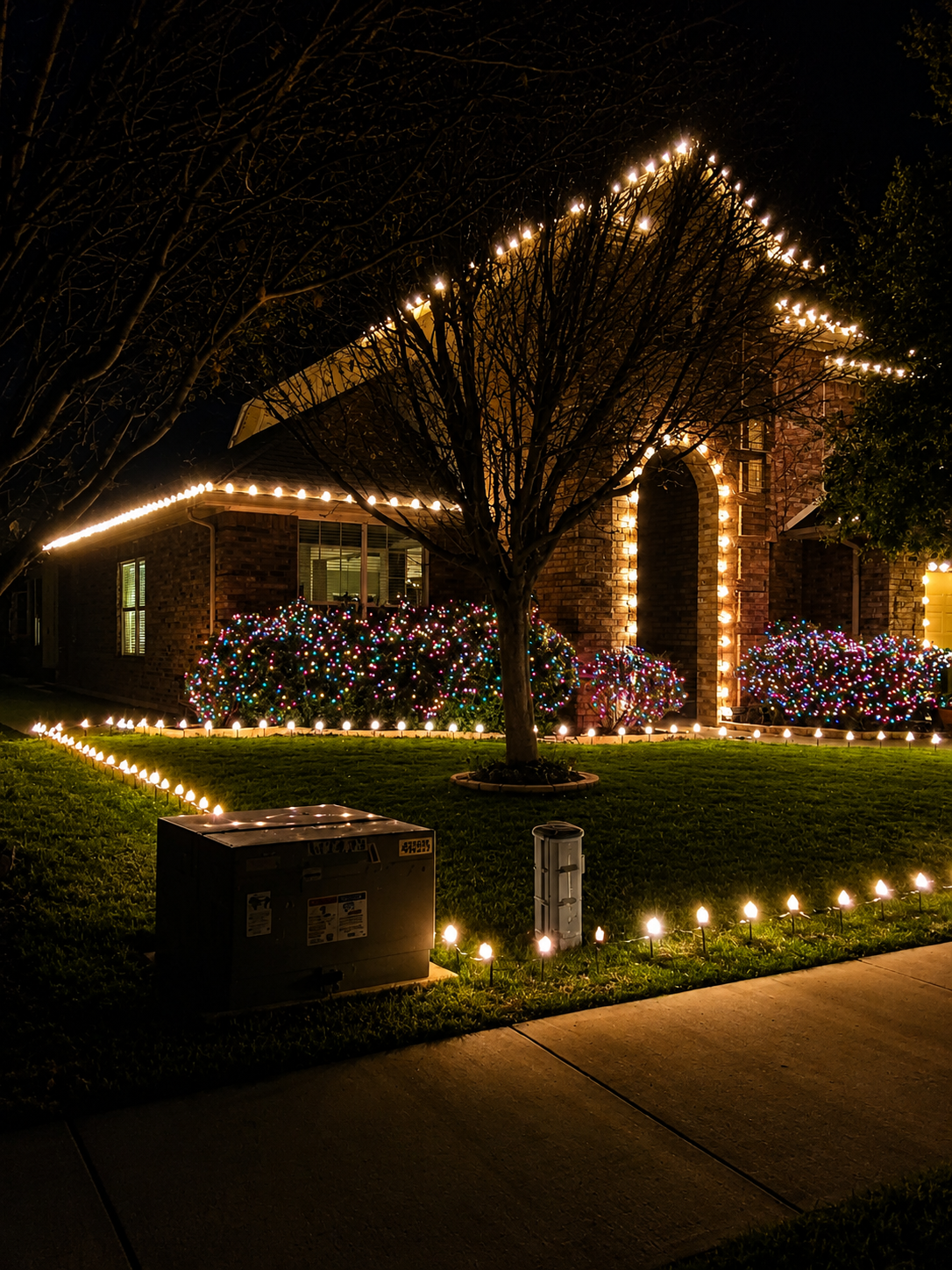 A house decorated with Christmas lights at night, with multicolored lights on bushes, white lights outlining the roof, door frame, and lawn border, a tree in the front yard, and a sidewalk in the foreground.