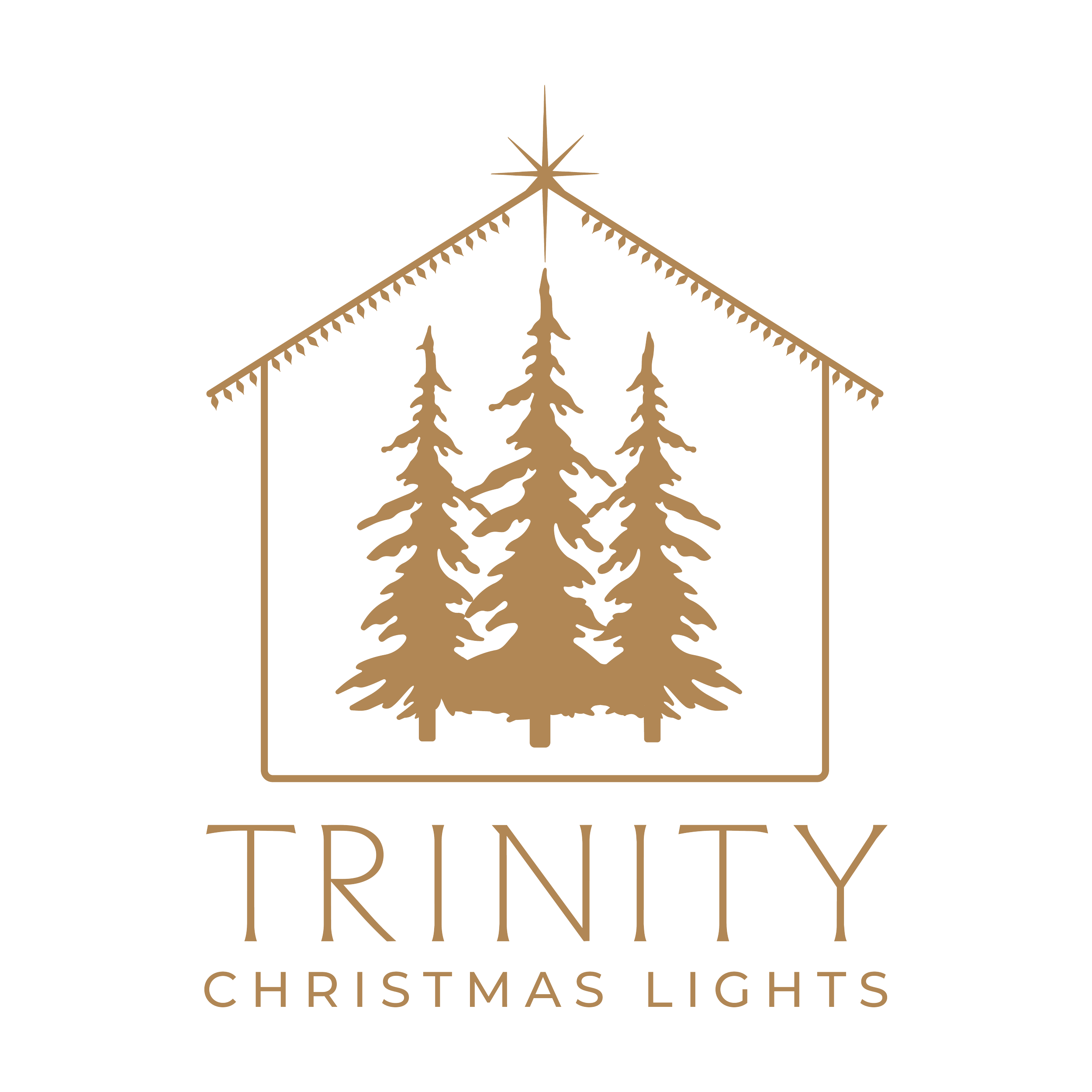 Elegant Christmas light logo featuring a stylized pine tree with a star at the top, framed by a Christmas house outline, with the words 'Trinity Christmas Lights' beneath.