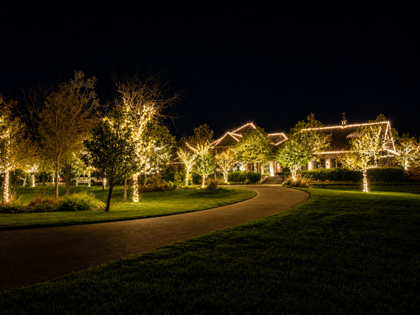 Night scene of a house with lawn and trees decorated with Christmas lights.