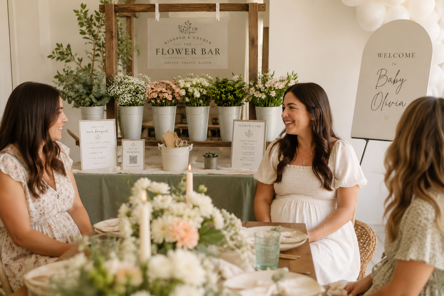 Women sitting at a table during a baby shower, with a flower bar display in the background and a welcome sign for Baby Olivia.