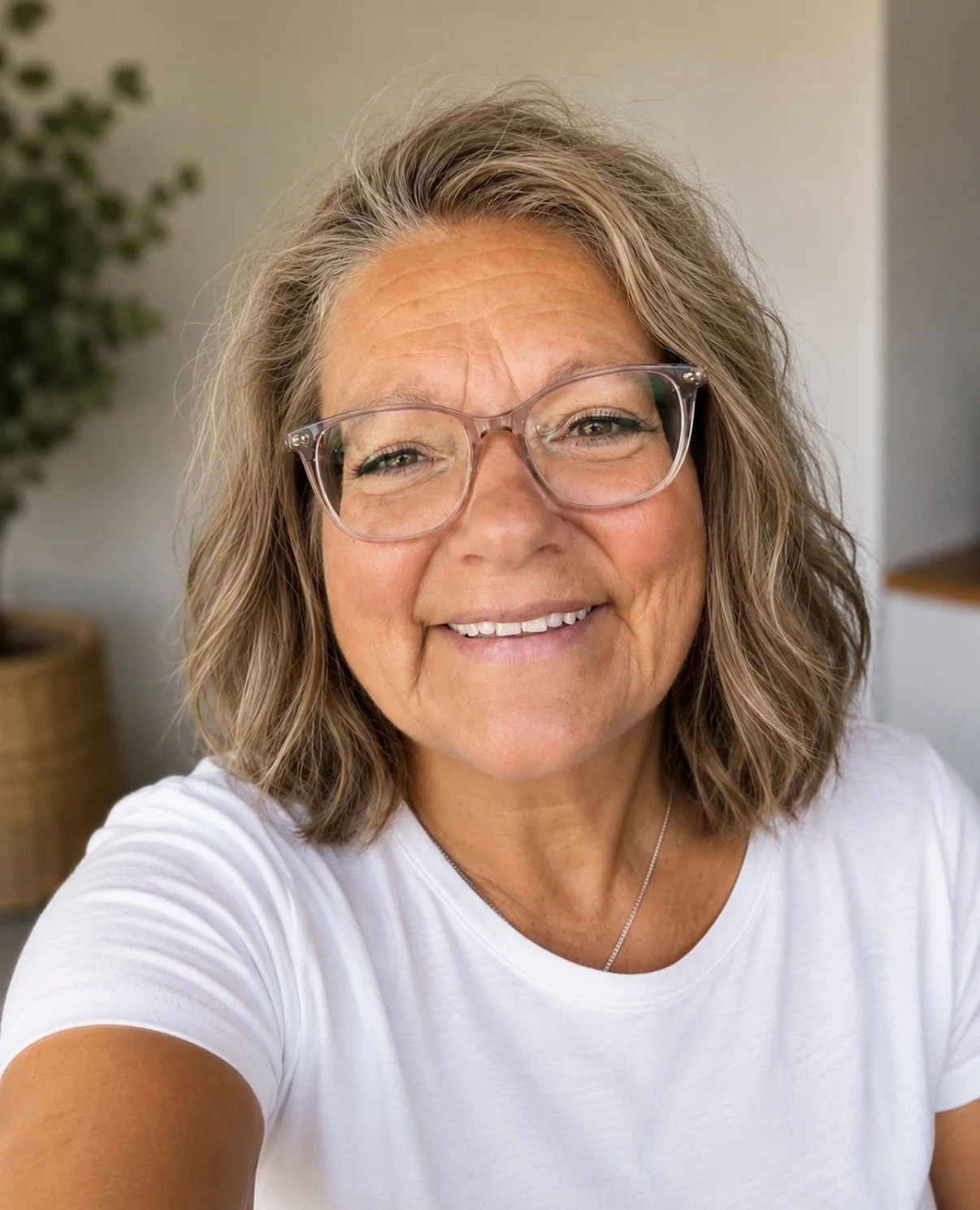 Close-up of a smiling middle-aged woman with wavy blonde hair, wearing clear glasses and a white t-shirt, indoors with a blurred background.