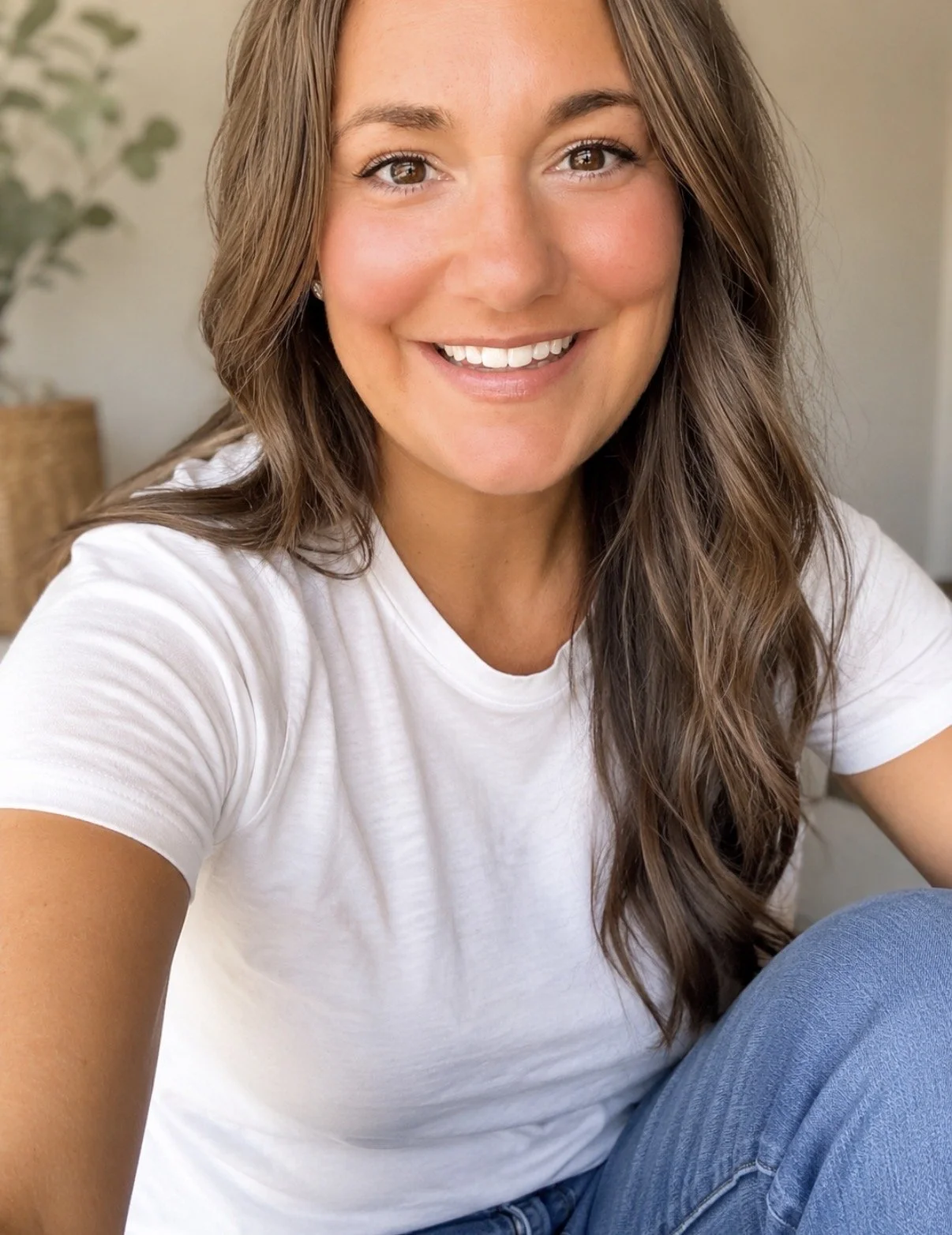 A woman with long brown hair taking a selfie. She is smiling and wearing a white t-shirt and blue jeans. In the background, there is a blurred potted plant.