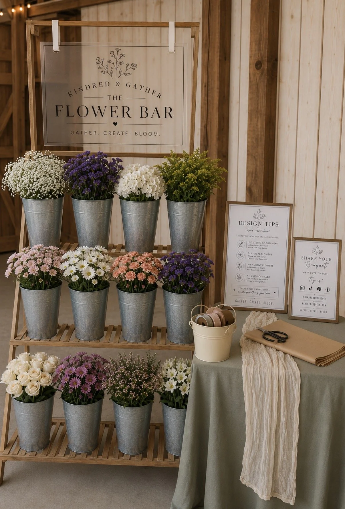 Display of colorful flowers in metal buckets at a flower bar with signage that reads "Kindred & Gather The Flower Bar. Gather. Create. Bloom." on a wooden backdrop, along with design tips and a sign encouraging sharing a bouquet on social media, decorated with ribbons and fabric.