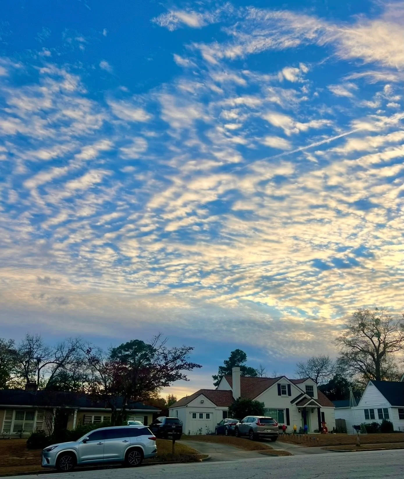 The Prado at sunset with houses, cars parked in driveways, trees, and a sky filled with scattered clouds illuminated by the setting sun.