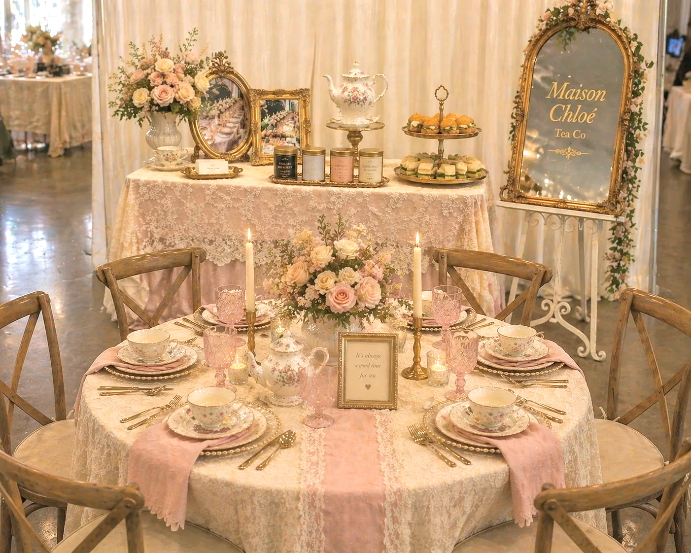 A beautifully decorated tea party setup with a round table covered in lace, set with floral china teacups, pink glasses, and gold cutlery. The table features a centerpiece of pink and white roses and two lit candles. In the background, there's a lace