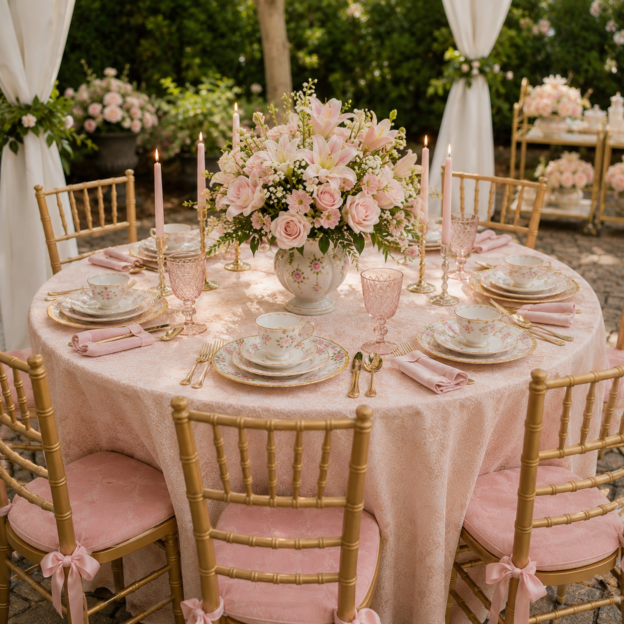 Round outdoor dining table decorated with pink tablecloth, set with fine china, pink glassware, gold utensils, pink cloth napkins, tall pink candles, and a large floral centerpiece of pink lilies, roses, and baby's breath in a white floral vase, surr