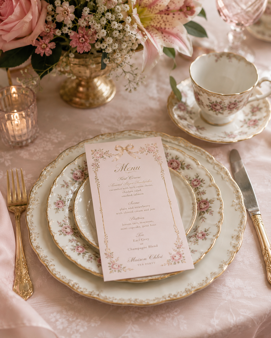 Elegant table setting with floral china, a menu card, gold utensils, a teacup and saucer, a pink candle, and a flower arrangement with pink and white flowers on a pink tablecloth.