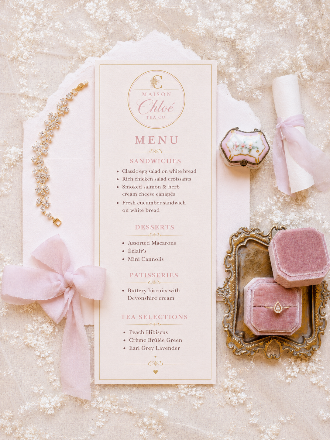 Elegant menu card for a tea company surrounded by pink and gold decorative items on a lace tablecloth. The menu lists sandwiches, desserts, patisseries, and tea selections.