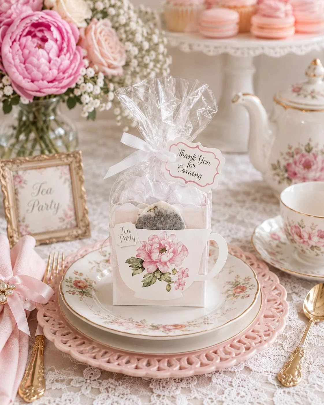 A tea party setup with floral dishes, pink and white flowers, a teapot, a teacup, a gift bag with a teacup illustration and a "Thank You for Coming" tag, and macarons in the background.