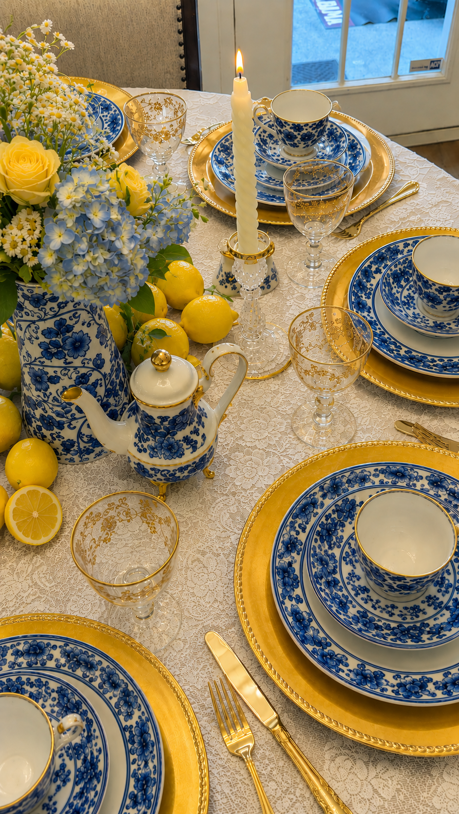 A decorated table with blue and gold china, a floral centerpiece with yellow roses and blue hydrangeas, lemons, and a lit white candle in a glass holder.