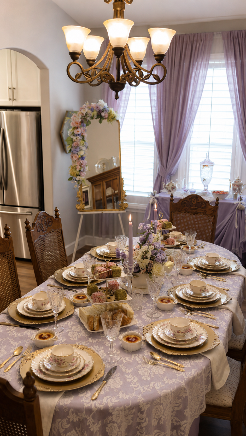 A dining room set for a tea party with a table covered in a purple damask tablecloth, fine china, gold utensils, and glassware. A floral centerpiece with purple and white flowers, a lit pink candle, and assorted desserts on tiered trays decorate the 