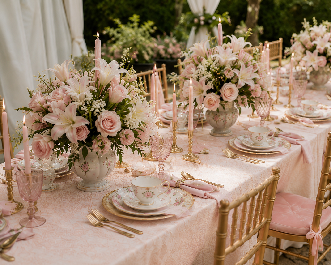 Elegant outdoor wedding reception table decorated with pink flowers, candles, and fine china.