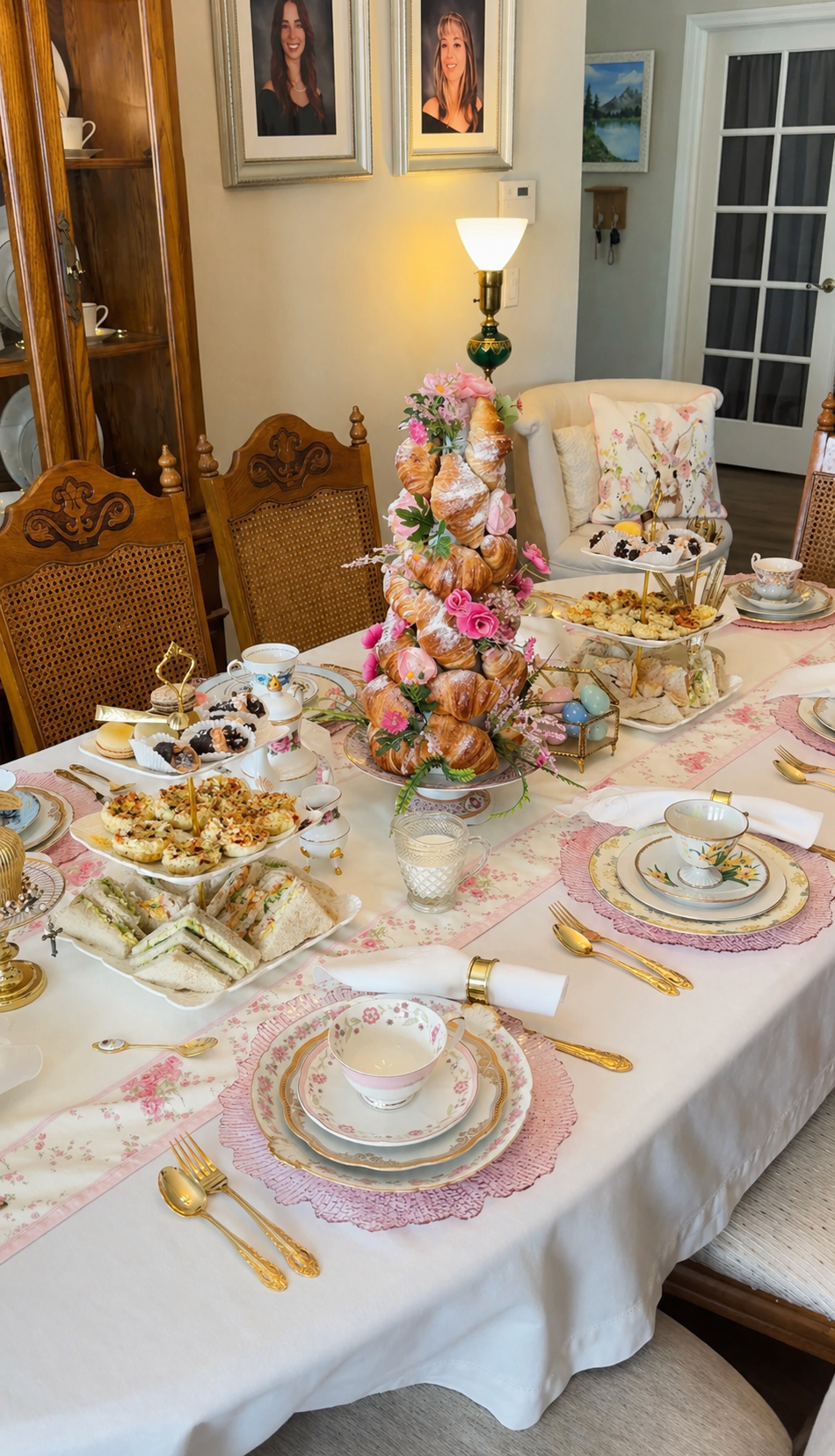 A richly set dining table for a tea party or celebration offers delicate china, gold flatware, and a pink floral tablecloth runner. The centerpiece features a pastry tower decorated with pink roses and greenery. Various finger sandwiches, scones, and