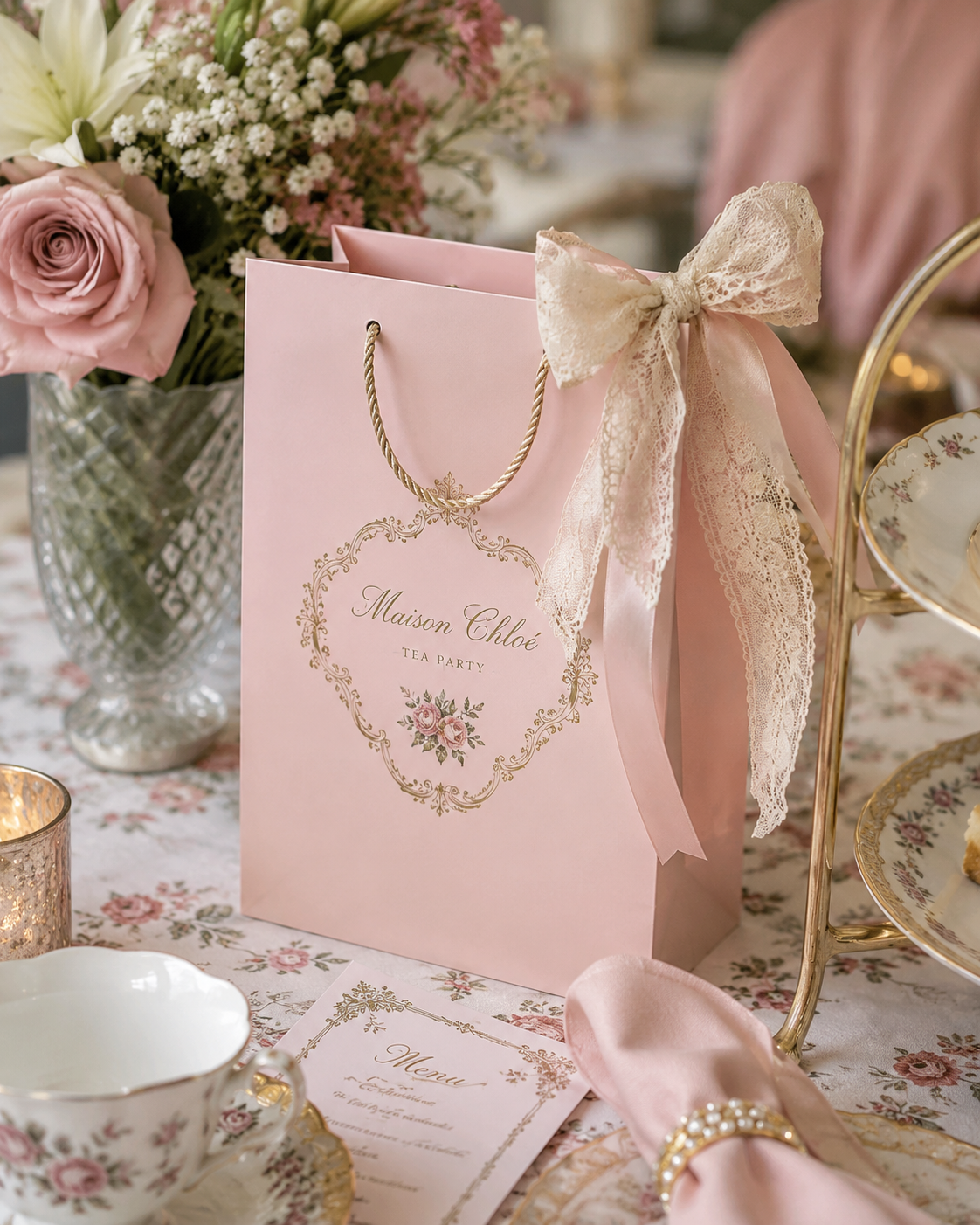 Pink paper gift bag with lace bow tied to the handle, surrounded by floral arrangements, a menu card, and vintage china teacups and saucers.
