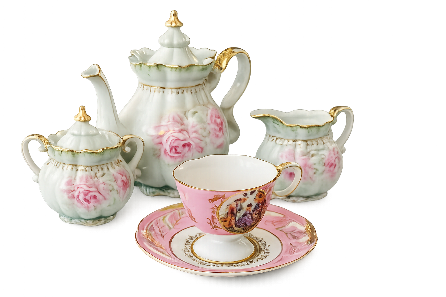 Elegant porcelain tea set with a teapot, creamer, sugar bowl, and teacup with saucer, decorated with pink roses, gold accents, and a painted portrait on the cup. All pieces have a vintage, floral design.