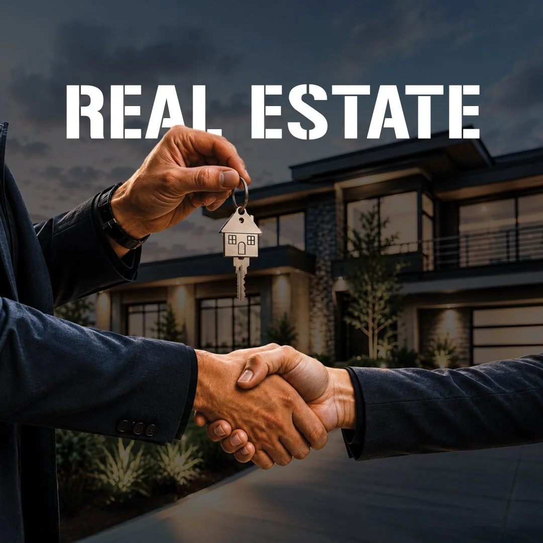 Two people shaking hands in front of a modern house at dusk, one holding a key with a house keychain, with the text 'REAL ESTATE' overlaid.