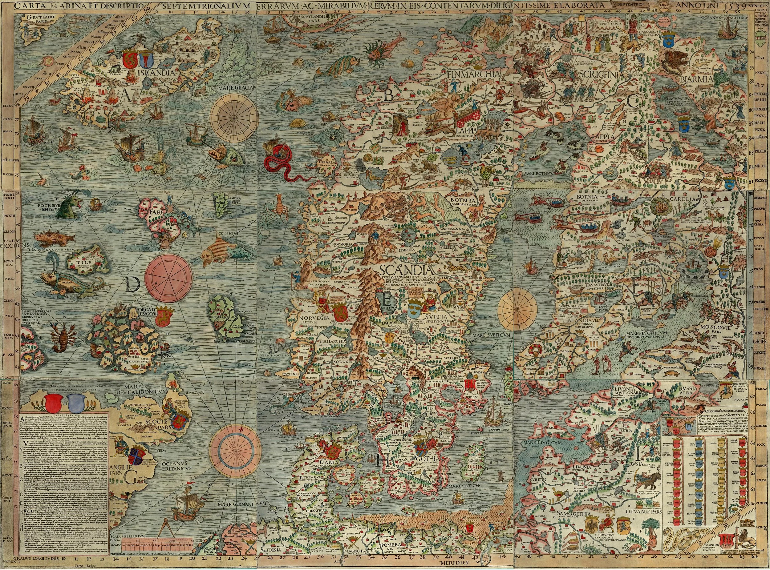 Ancient map depicting Scandinavia, parts of Europe, and surrounding seas with illustrations of ships, mythical creatures, and decorative elements, including flags and coats of arms.