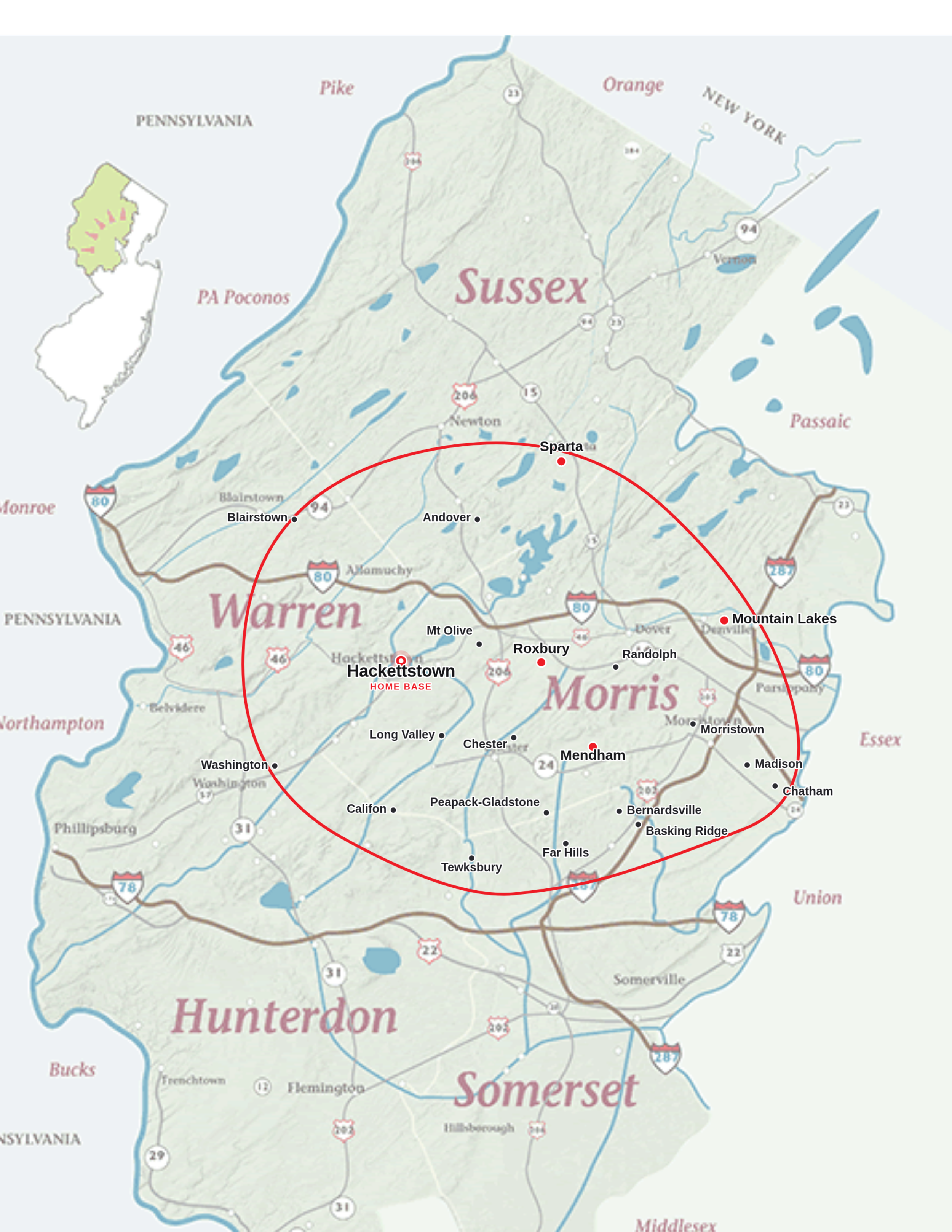 Map of Sussex, morris and warren Countys and Traveling Tire Service area North New Jersey,