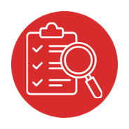 Clipboard with checkmarks and a magnifying glass icon on a red background.
