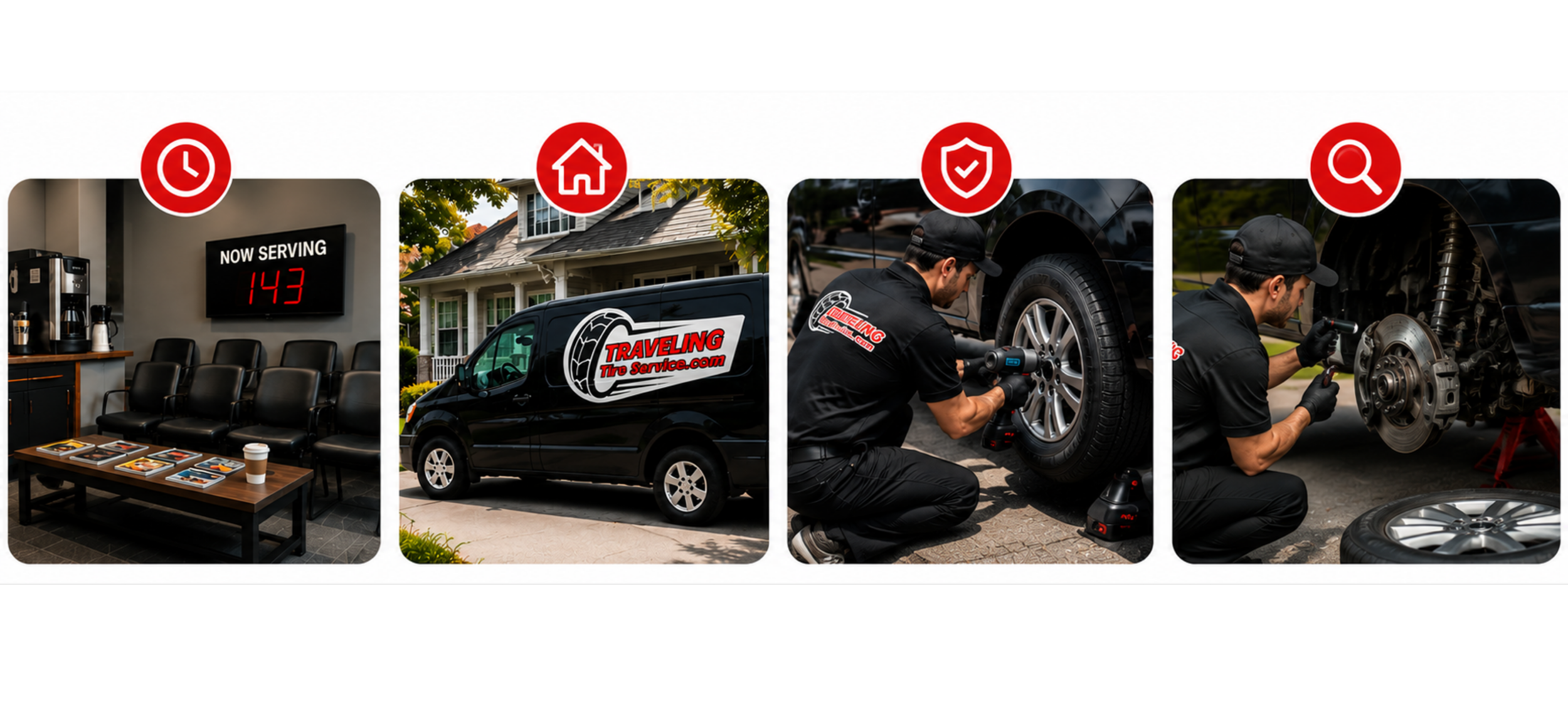 Sequence of four images showing a waiting room with a digital sign displaying 'Now Serving 143', a vehicle with a 'Traveling Tire Service' logo parked outside a house, a technician using a power drill on a car tire, and the same technician working on brake components.