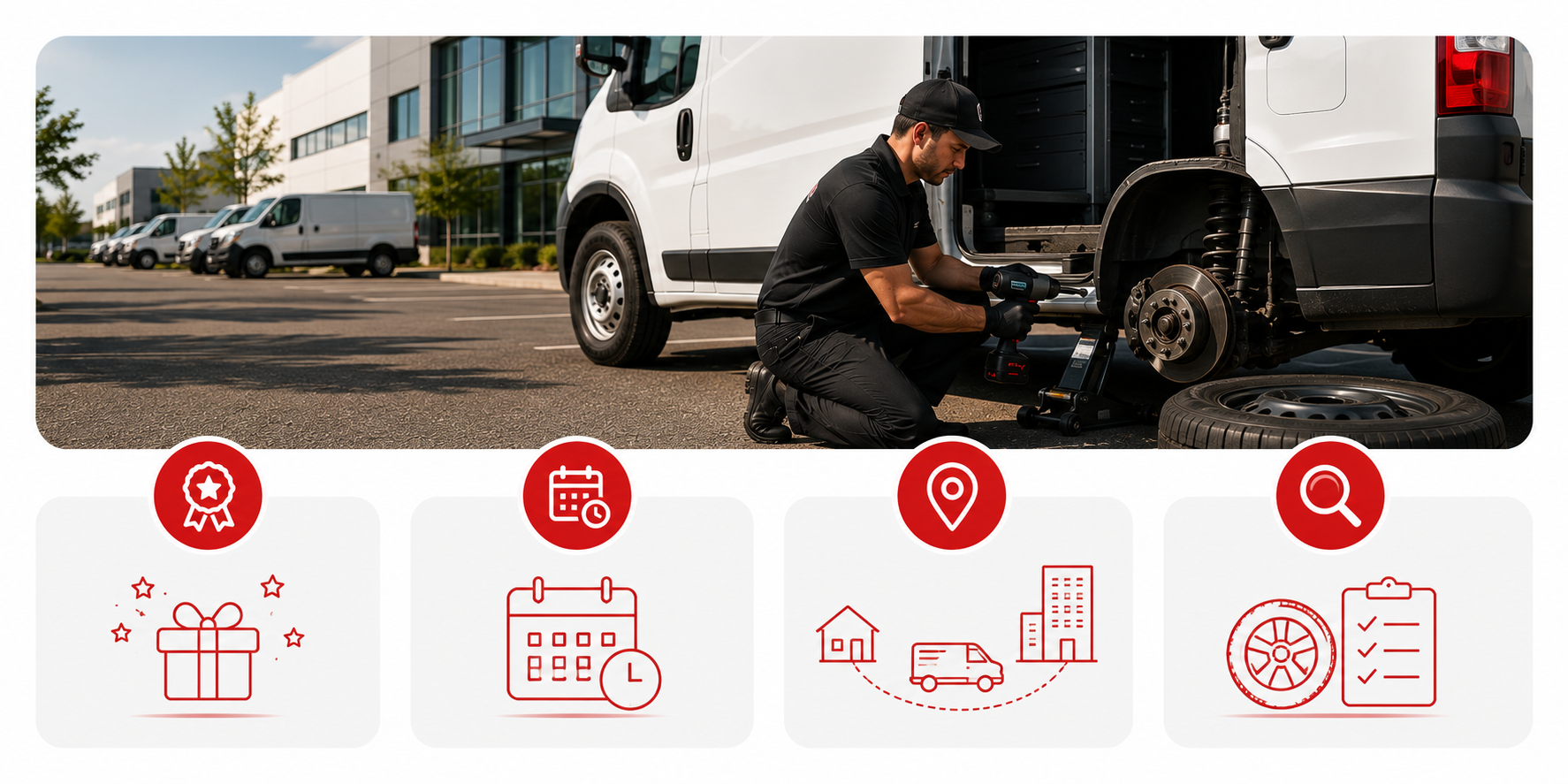 A mechanic fixing a white van, working on the front wheel area using tools outside an auto service center.