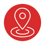 Icon of a map pin with a circular location marker inside, on a red circular background.