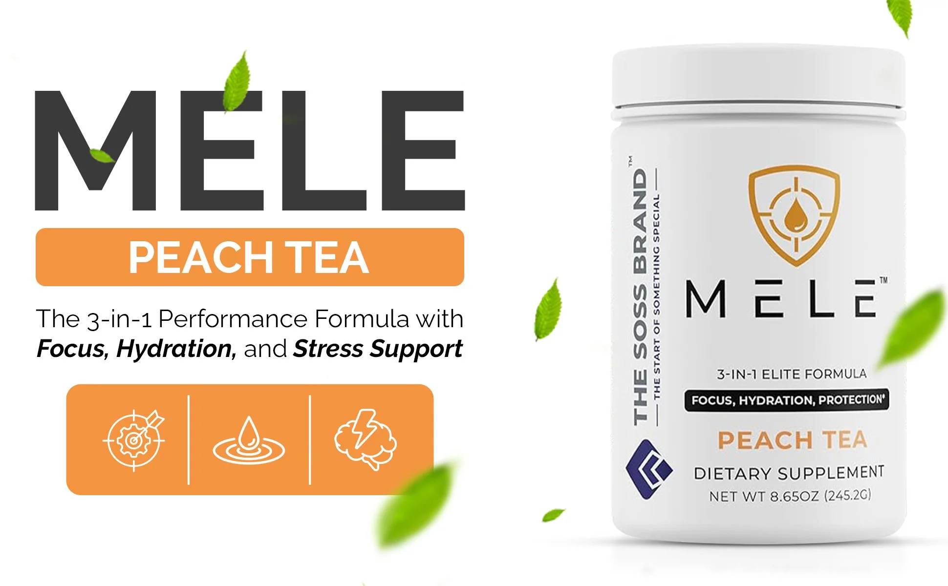 A supplement container labeled 'MÈLÉ Peach Tea' with green leaves and a description emphasizing focus, hydration, and stress support. The container is white with black and orange text, showing a net weight of 8.65 ounces.