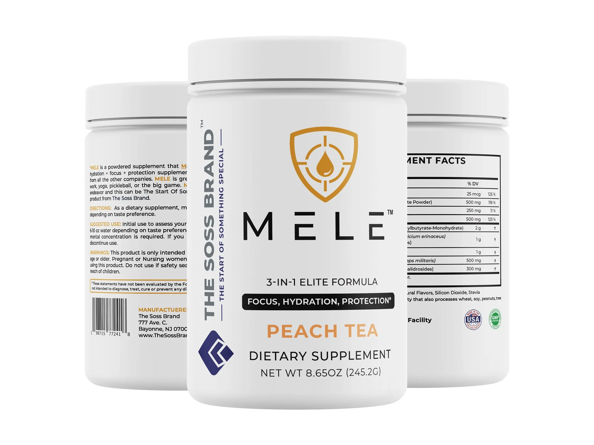 A dietary supplement container labeled 'MELLE Peach Tea' from The Soss Brand, featuring an orange logo with a shield and droplet, along with nutritional information and usage directions.