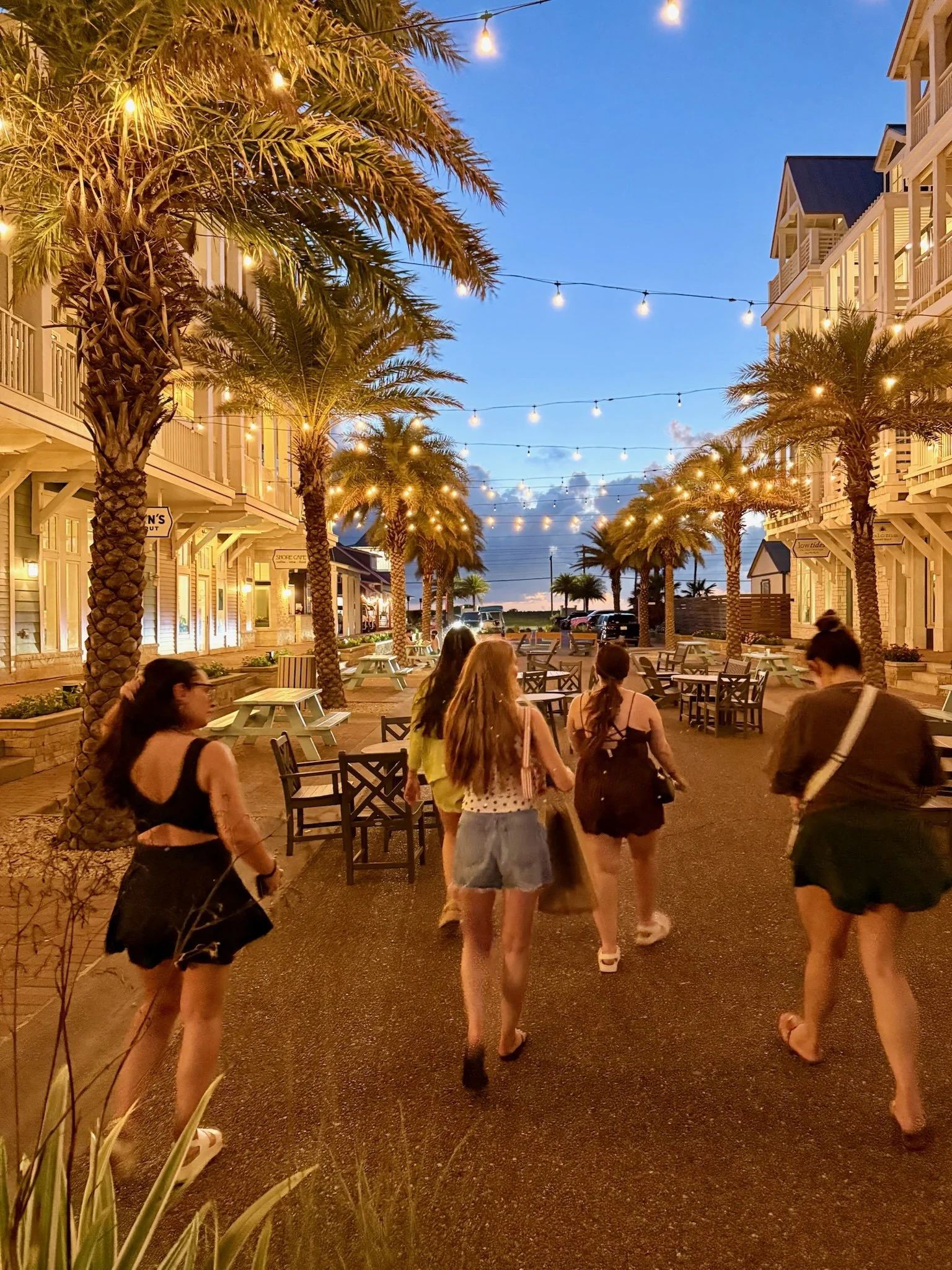 People walking under string lights on a street lined with palm trees and buildings during twilight.