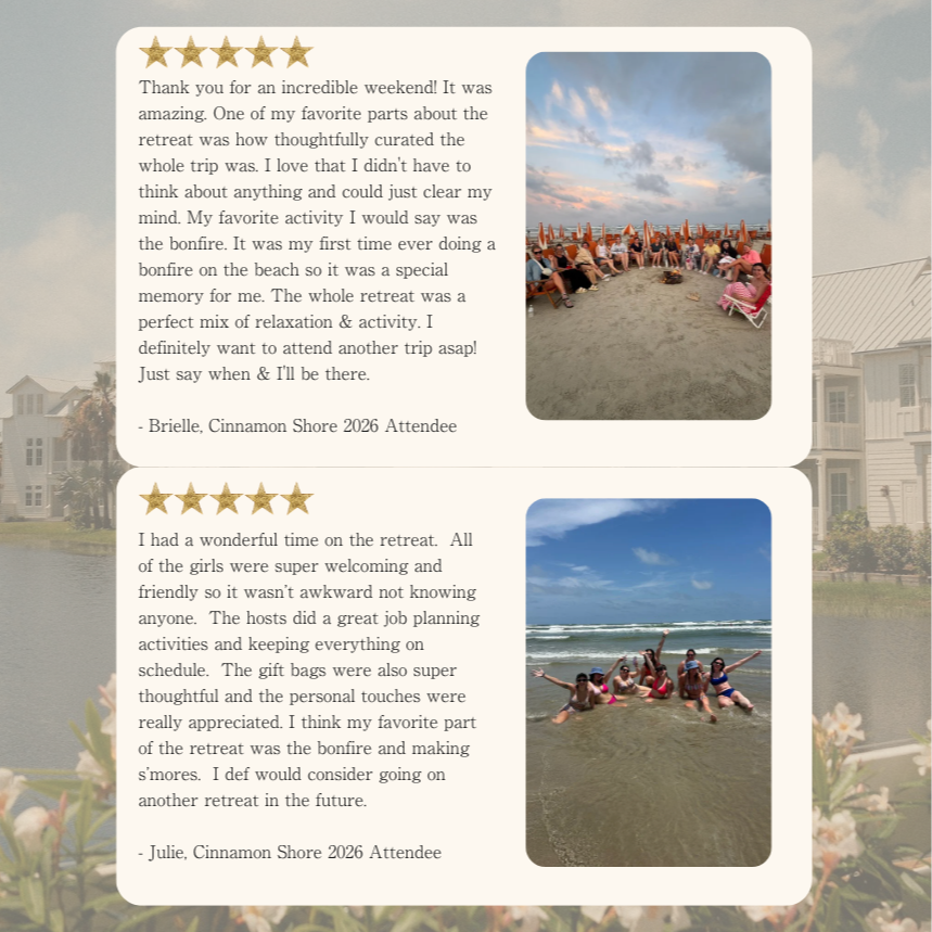 Customer reviews with five-star ratings. The first review features a photo of a beach bonfire with people sitting around it at sunset. The second review shows a group of girls jumping into the ocean, enjoying a beach day.