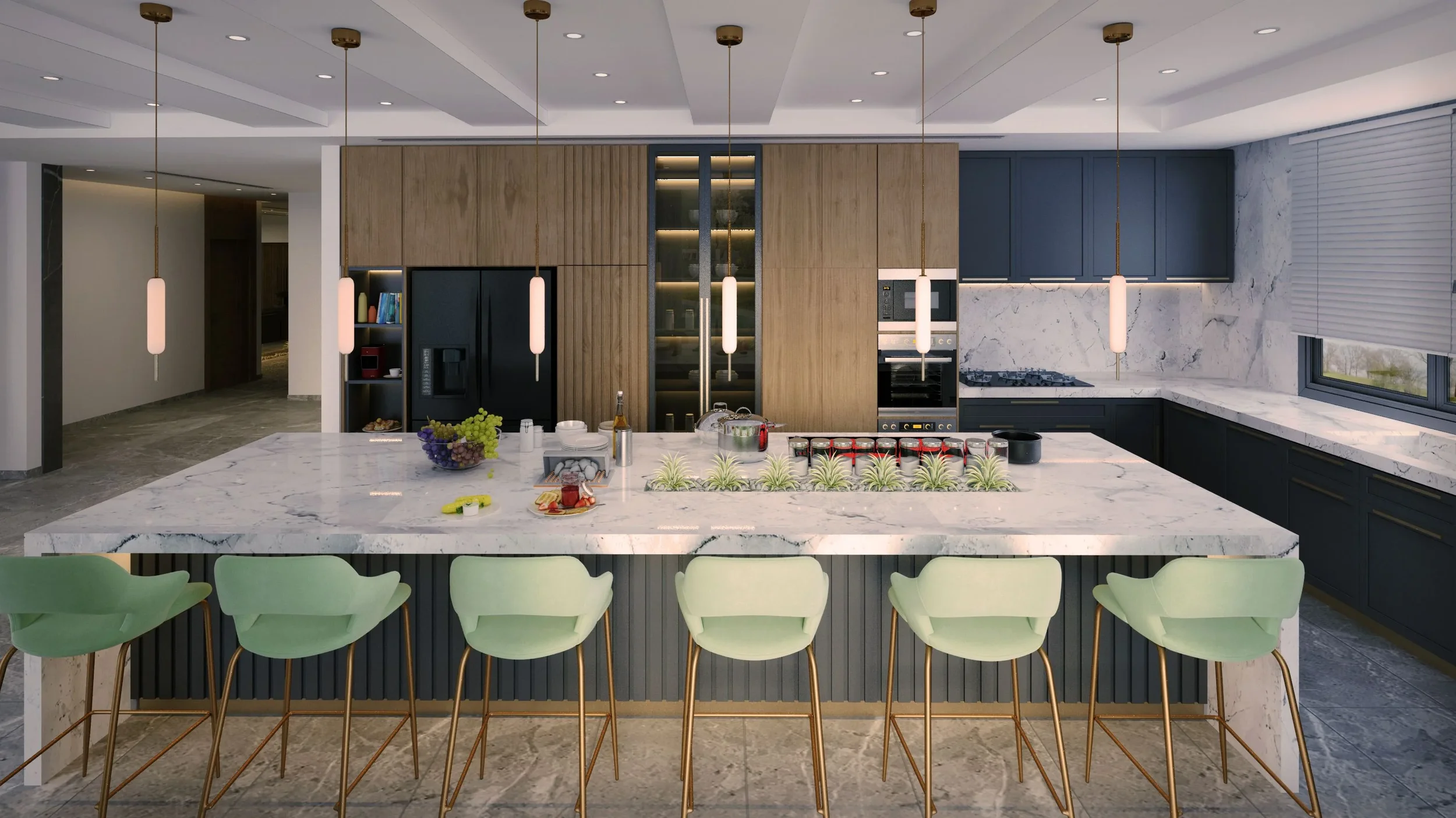 Modern kitchen with white cabinets, black countertop, and a black and gold cracked stone backsplash. Open shelving with dishes and plants. A wooden cutting board and a few bottles on the counter. Large window with sunlight and a potted plant. Small table with stacked stones in the foreground.