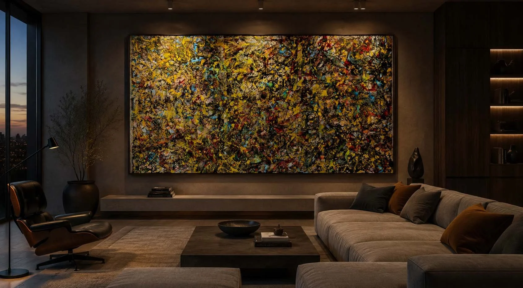 Modern living room with a large colorful abstract painting on the wall, beige sofa with multiple cushions, a black armchair, a wooden coffee table, and decorative items in a high-rise apartment at sunset.