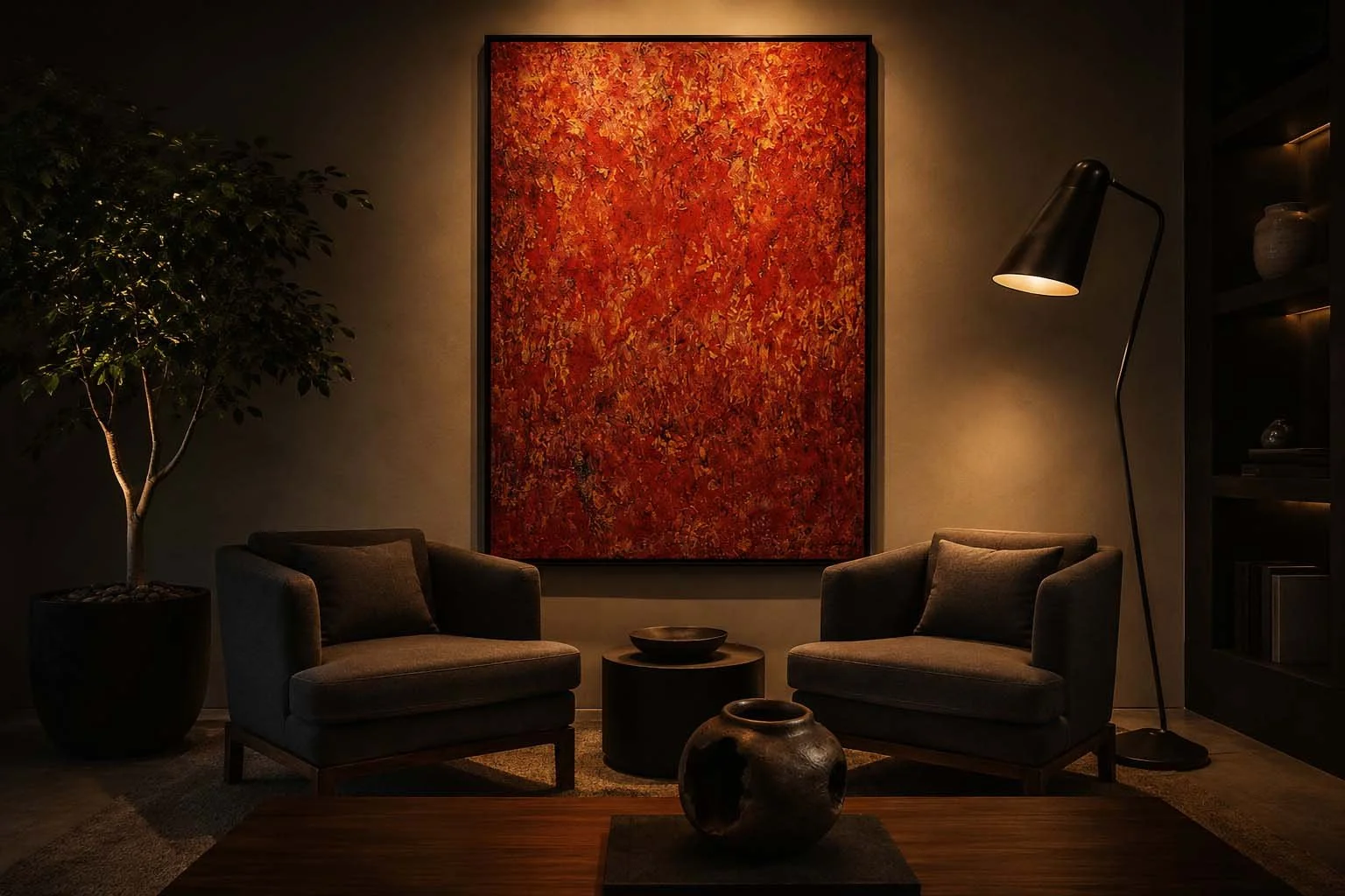 A cozy living room with two dark gray armchairs, a small black side table, a potted plant, and a large abstract red-orange painting on the wall. There is a tall black floor lamp casting warm light on the scene.