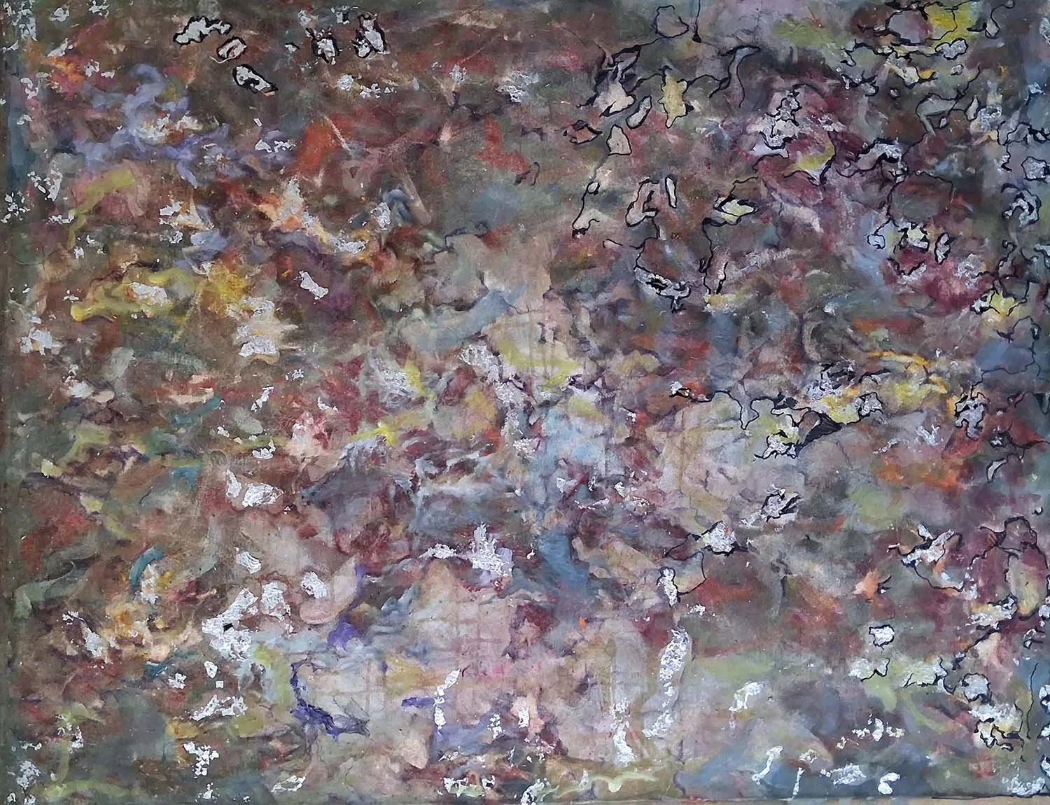 Abstract painting with a mix of earthy tones, including browns, reds, greens, and blues, featuring black squiggly lines and patches of white paint layered across the canvas.