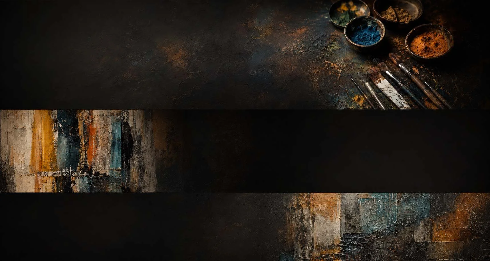 Abstract painting with textured dark surface, splashes of blue, orange, and beige, and some artist brushes and bowls of pigments on a dark background.