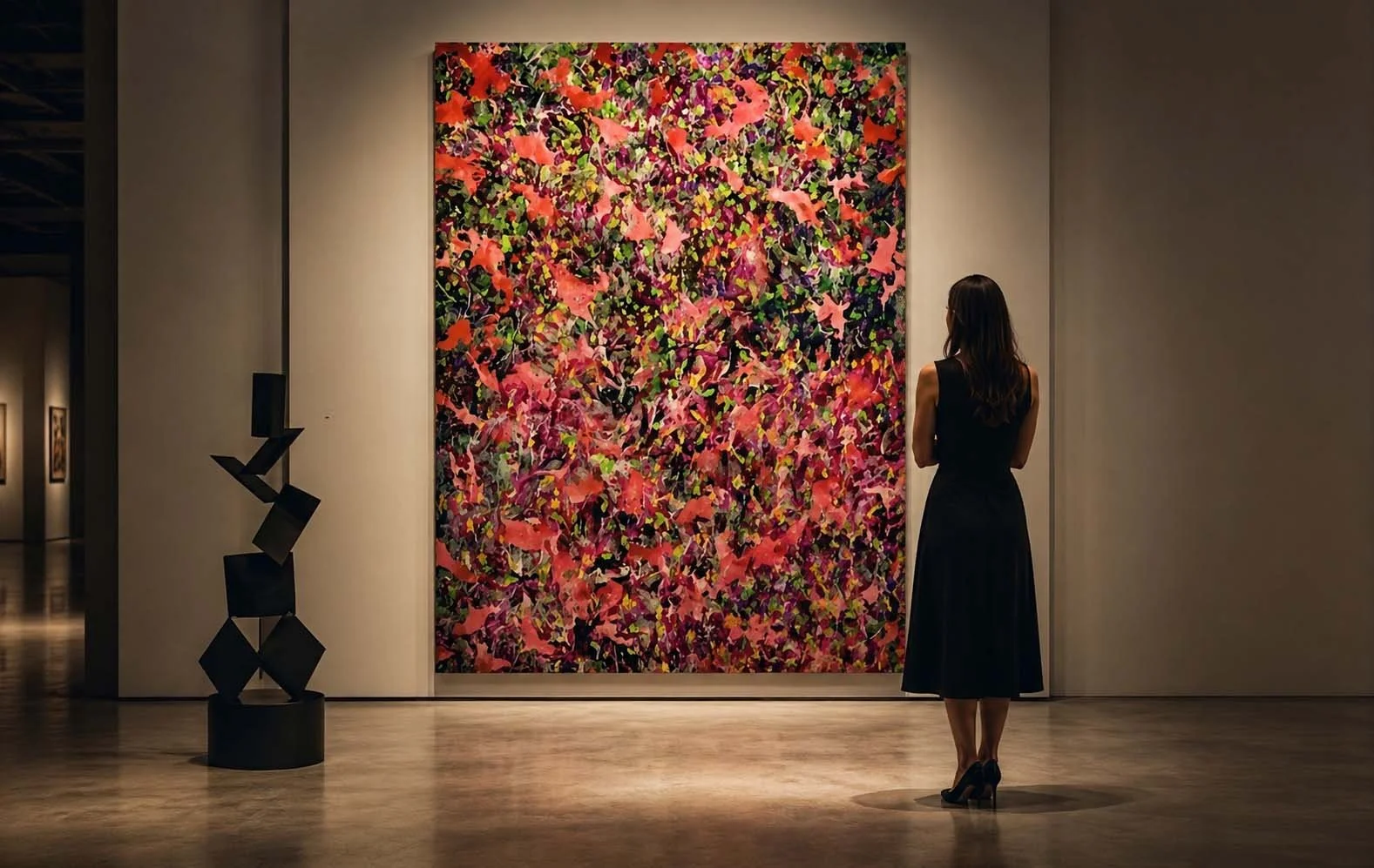 A woman in a black dress and high heels standing in front of a colorful abstract floral painting in an art gallery.