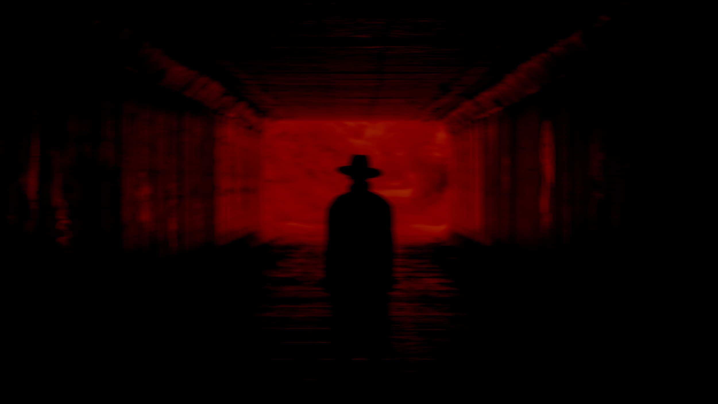Silhouette of a man wearing a cowboy hat standing in a dark, eerie corridor with red lighting and reflections on the floor.