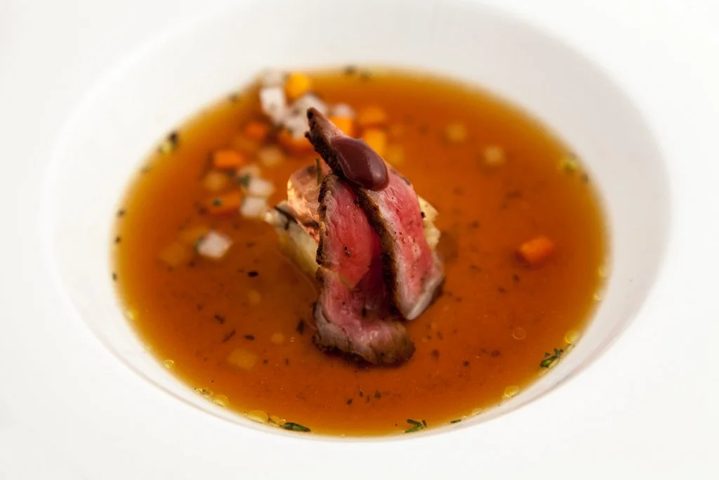 Shiitake Consommé, Pomme Dauphinoise, Beef Tataki