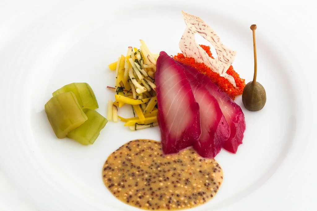 Beet Cured Butterfish, Miso Mustard Sauce, Compressed Cucumber, Shiso Apple Beet Salad
