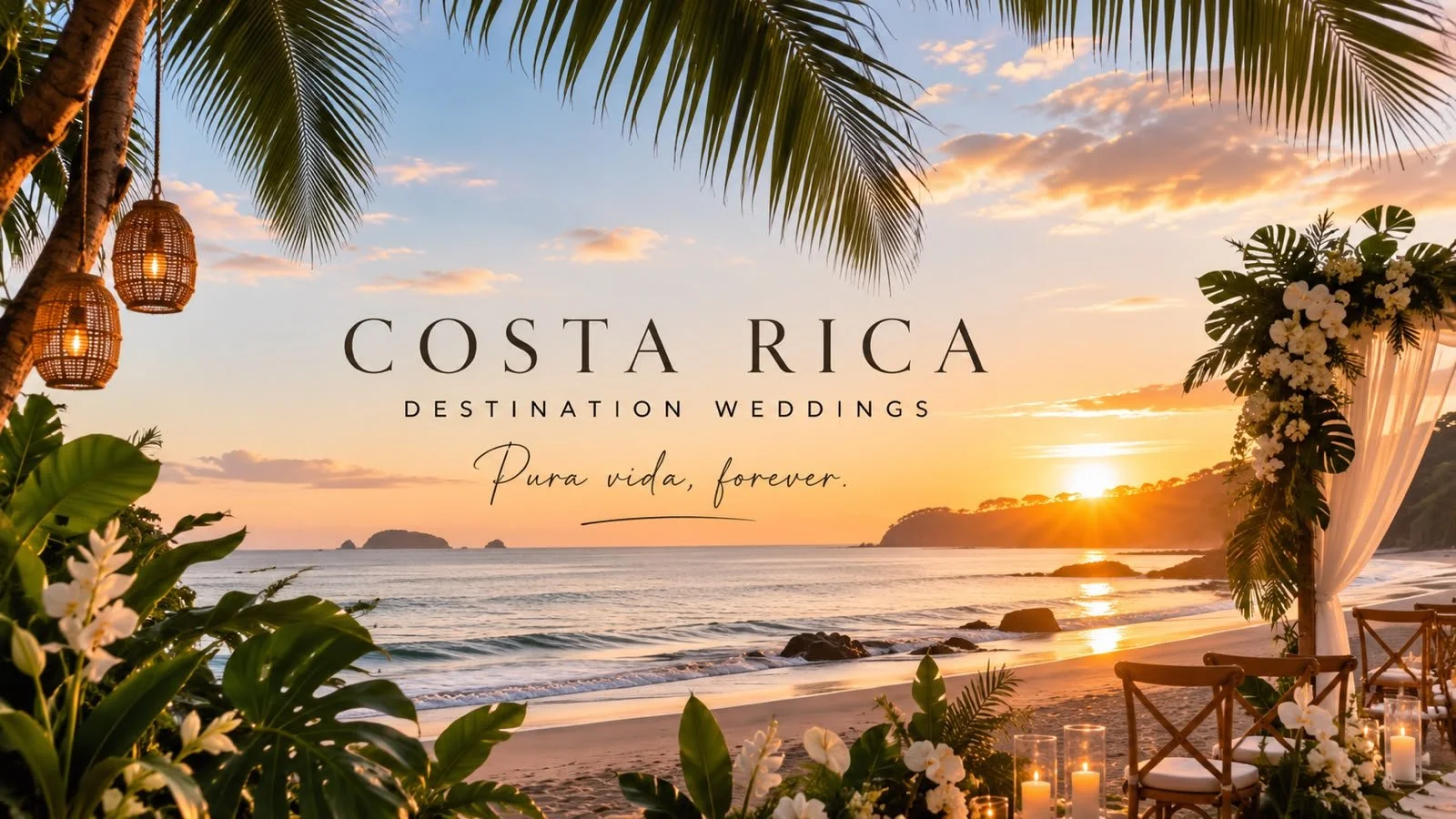 Beachside wedding setup in Costa Rica during sunset, decorated with tropical plants, white flowers, candles, and hanging lanterns.